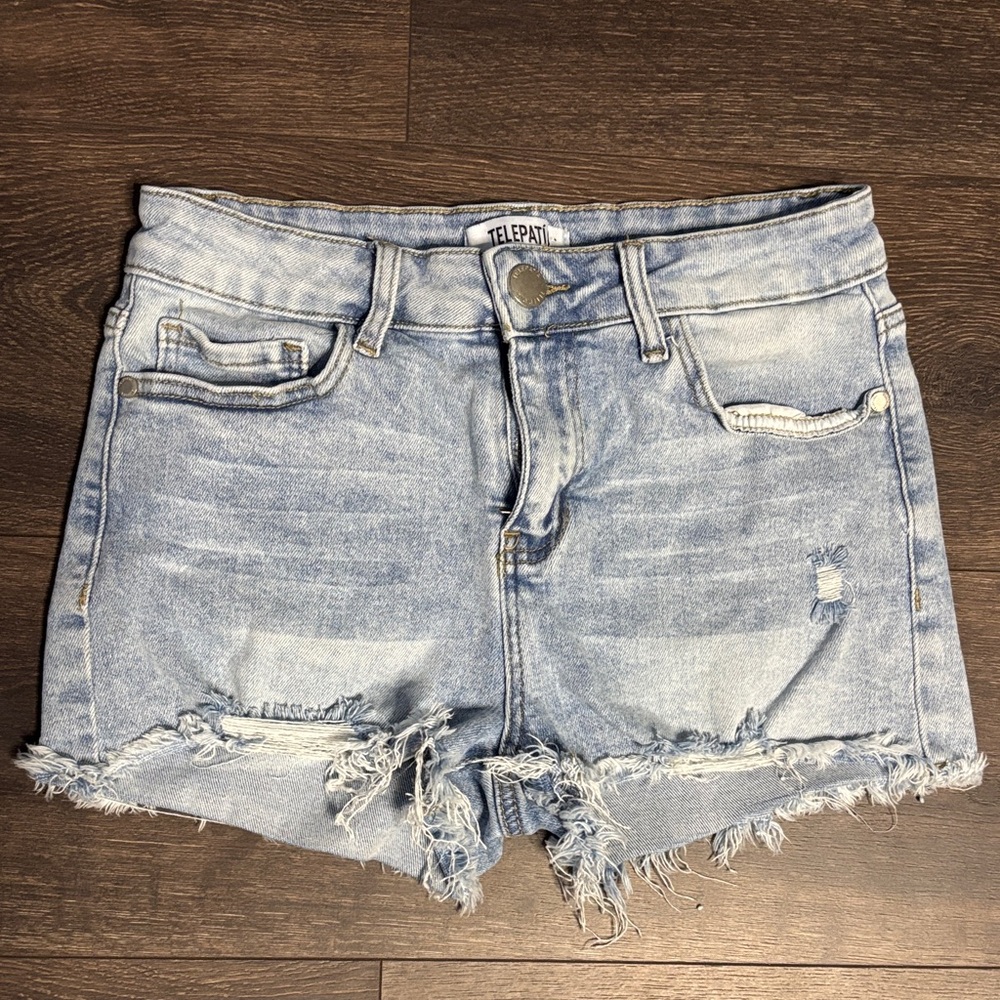 TELEPATìA Light Blue Distressed Denim Jean Shorts